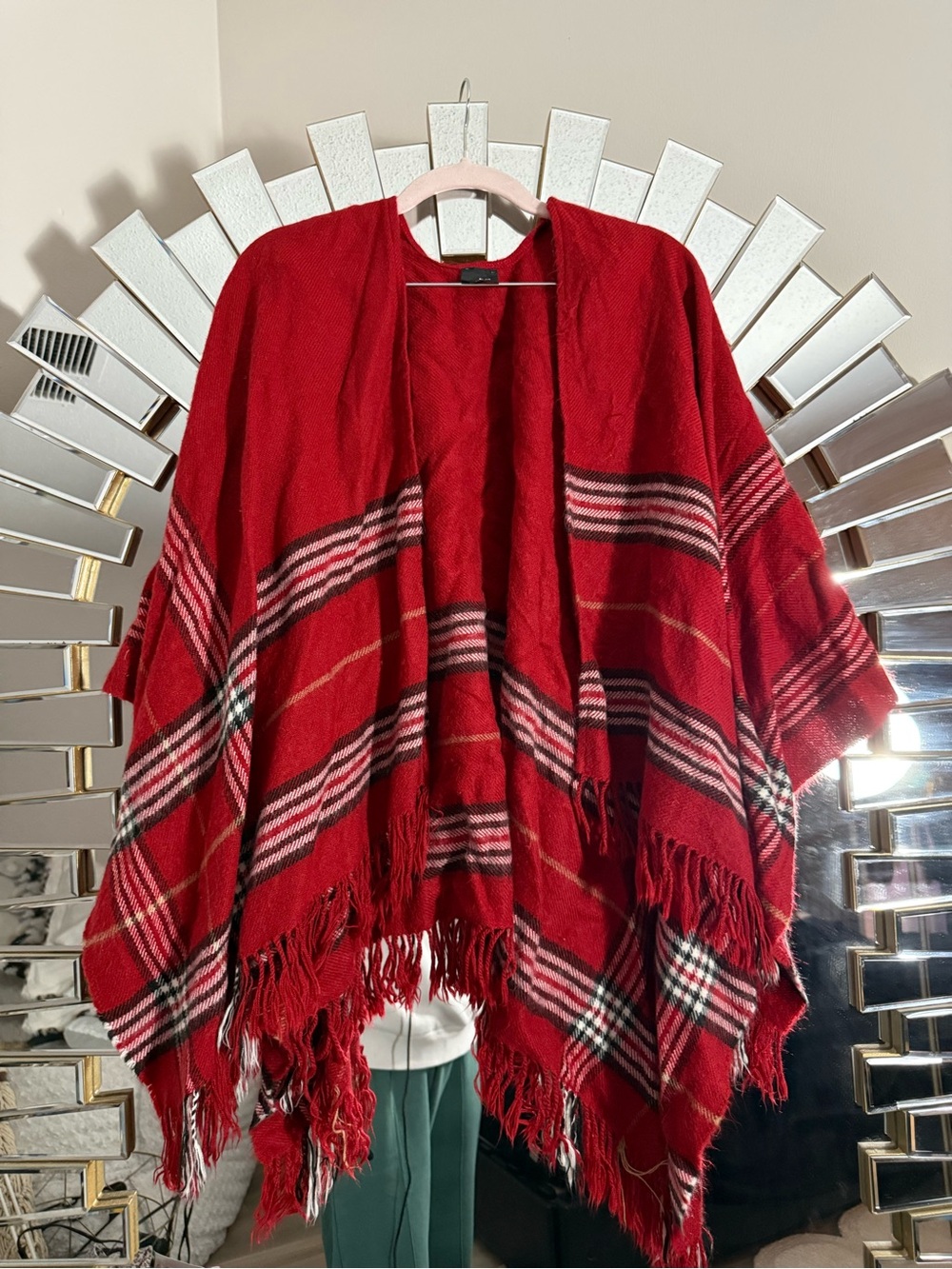 V. FRAAS Red Plaid Fringe Poncho Shawl
